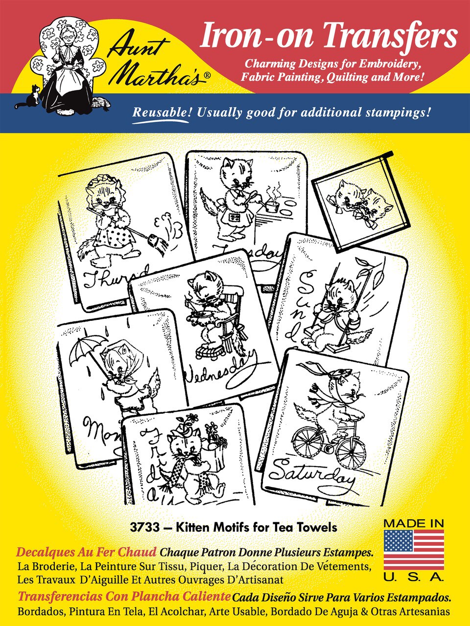 Aunt Martha's Kitten Motifs for Tea Towels 3733 embroidery iron on pattern